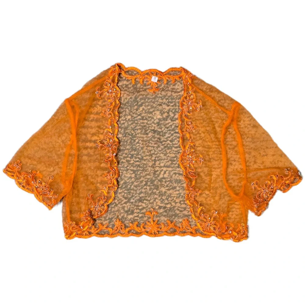 Kids Orange Beaded Embroidered Sheer Bolero Shrug Party Occasion Cover Up (V)‎